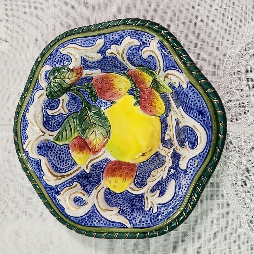 Fitz and Floyd Florentine Fruits al Fresco Blue Nuts Candy Dish, Octagonal Shape